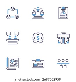 Conjunto de ícones comerciais. Estilo de linha em negrito. Cores duotônicas. AVC editável. justiça, marketing, id card, linha do tempo, portfólio, análise, blockchain, entrevista, imposto.