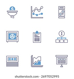 Business icon set. Bold line style. Duotone colors. Editable stroke. filter, safe box, dollar bill, line chart, analysis, area chart, smartphone, diagram.