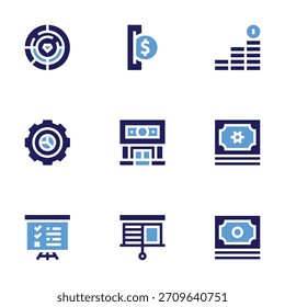 Conjunto de iconos de negocio. Estilo audaz. Duotone colores. banco, presentación, moneda, gráfico circular, tareas, inversión, dinero, desafío.