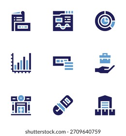 Conjunto de iconos de negocio. Estilo audaz. Duotone colores. dinero, gráfico de barras, banco, sello, estadísticas, análisis, trabajo, centro de distribución.