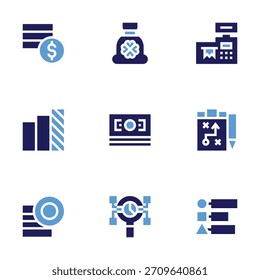 Conjunto de ícones comerciais. Estilo negrito. Moedas, gráfico, saco de dinheiro, dinheiro, máquina de caixa, análise, estratégia, infográficos.