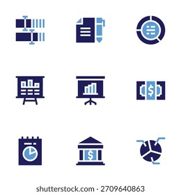 Business icon set. Bold style. Duotone colors. contract, bank, bar, analysis, presentation, pie chart, money, data analysis.