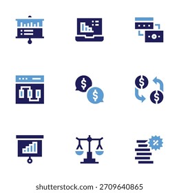 Business icon set. Bold style. Duotone colors. chart, laptop, chat, law, exchange, currency exchange, coin stack, analytics, planning.