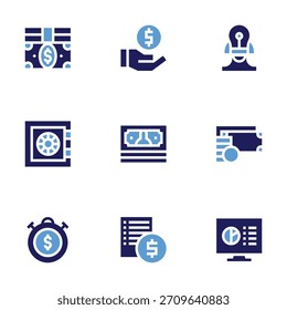 Conjunto de iconos de negocio. Estilo audaz. Facturas, caja fuerte, el tiempo es dinero, billetes, lista de Precios, método de pago, idea, dinero, presentación.