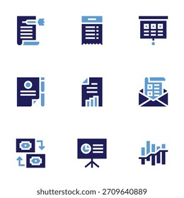 Conjunto de iconos de negocio. Estilo audaz. Colores duotónicos. factura, crecimiento, presentación, gráfico de barras, Plan, planificación, contrato, intercambio.