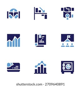 Business icon set. Bold style. Duotone colors. battle, bar chart, card, loss, analytics, statistics, commitment, goal, safebox.