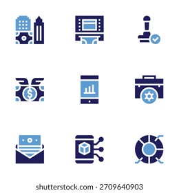 Business icon set. Bold style. Duotone colors. atm, smartphone, blockchain, briefcase, pie chart, stamp, real estate, dollar, letter. - Powered by Shutterstock - Get 15% off with code: PIKWIZARD15