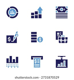 Business icon set. Bold style. Duotone colors. pie chart, bar chart, coin, invoice, money, briefcase, rearview mirror, check.
