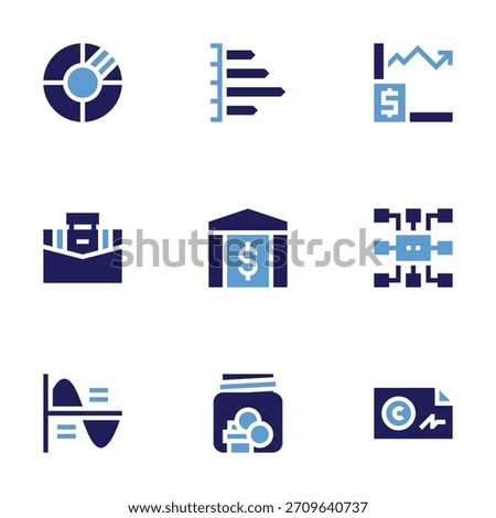 Business icon set. Bold style. Duotone colors. bank, savings, bar graph, pie chart, briefcase, infographics, statistics, bank check, mind map.