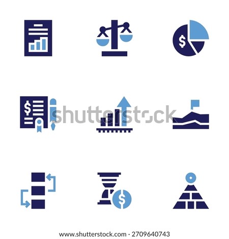 Business icon set. Bold style. Duotone colors. analytics, agreement, strategy, balance, bar graph, hourglass, pie chart, graph, pyramid.