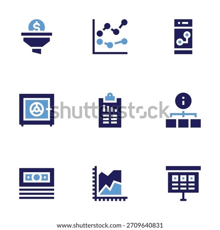 Business icon set. Bold style. Duotone colors. filter, safe box, dollar bill, line chart, analysis, area chart, smartphone, diagram.