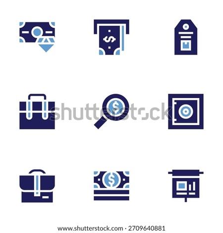 Business icon set. Bold style. Duotone colors. briefcase, bag, cash point, search, money, strongbox, presentation, rich, tag.