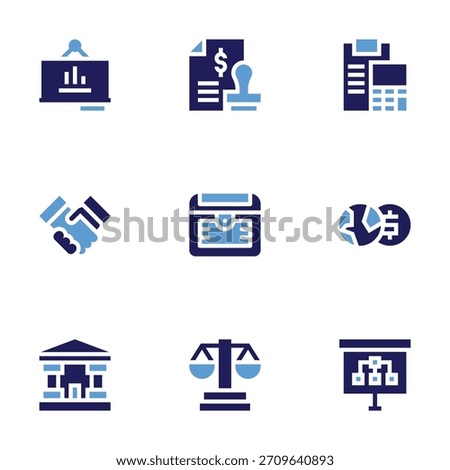 Business icon set. Bold style. Duotone colors. bar chart, deal, bank, loan, chest, balance, clipboard, global economy, presentation.