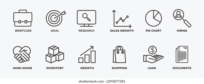 Business icon set. briefcase, goal, research, sales growth, pie chart, hiring, hand shake, inventory, growth, shopping, loan and documents outlined vector icon collection. 