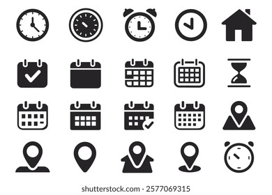 business icon set. calendar symbols. clock vector