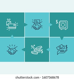 Business icon set and cash money with handshake, bonus card, financial interest. Currency related business icon vector for web UI logo design.