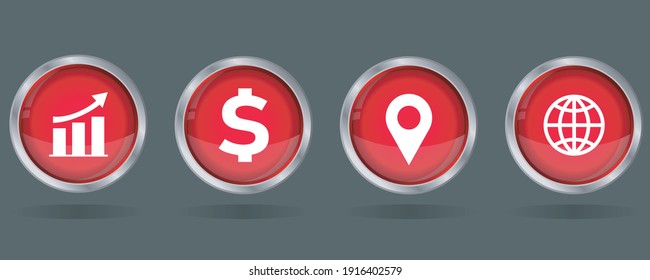 business icon set. business chart with arrow, dollar, location, globe icons. 3d round red glossy button vector icon for web, mobile app icon.