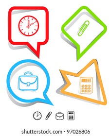 Business icon set. Clip, calculator, briefcase, clock.  Paper stickers. Vector illustration.