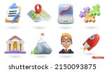 Business, icon set. Clipboard, map, laptop, puzzle, bank, mountain, businessman, rocket. 3d render vector
