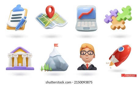 Business, icon set. Clipboard, map, laptop, puzzle, bank, mountain, businessman, rocket. 3d render vector