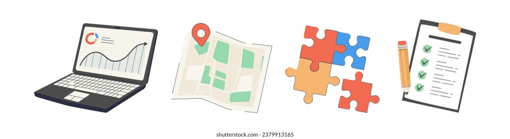 Empresa, conjunto de iconos. Portapapeles, mapa, portátil, rompecabezas, hombre de negocios, cohete. Vector de dibujos animados. Iconos relacionados con la estrategia de inversión, el servicio comercial, la gestión financiera.