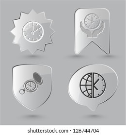 Business-Icon-Set. Uhren, Globus, in Händen, gucken. Glasknöpfe. Vektorgrafik.