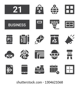 business icon set. Collection of 21 filled business icons included Border, Calendar, Cashier, Smartphone, Vector, Chair, Avatar, Responsive design, Dove, Email, Promotion, Paper bag