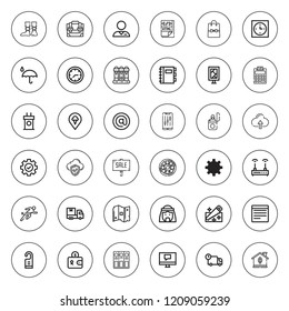 Business icon set. collection of 36 outline business icons with arroba, arab man, briefcase, billboard, clock, calculator, competition, cloud computing icons. editable icons.