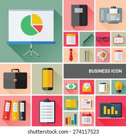 Business icon set collection with flat and long shadow design