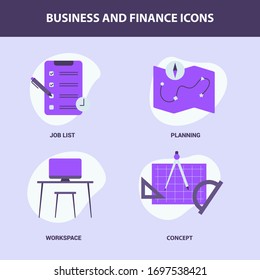 business icon set collection with modern flat style fluid background shape and purple violet color theme