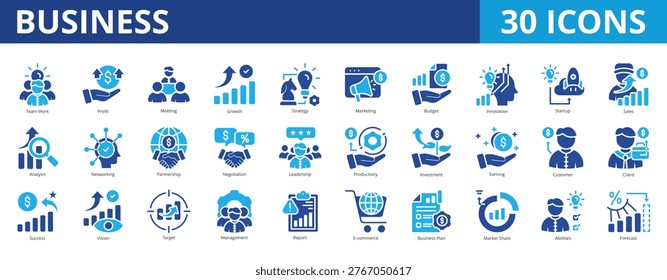 Business icon set collection pack for corporate management. With teamwork, profit, meeting, growth, strategy, marketing, innovation, startup, sales, analysis, partnership, and leadership icon