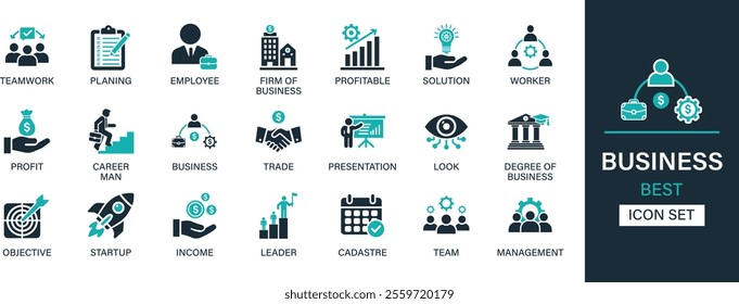 Business icon set collection. Teamwork, planning, employee, business firm, profitable, solution, worker, carrier, trade, presentation, look, income and best solid icon set.