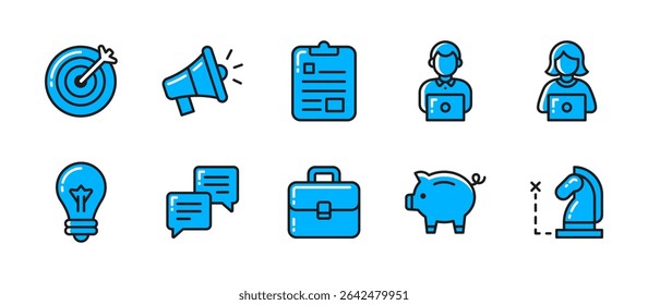 Business icon set in colored outline style with 10 detailed icons: target, announcement, task, staff, ideas, chat, briefcase, savings, strategy. all in vibrant line art.