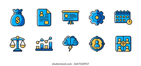 Ícone de negócios definido em estilo de esboço colorido para finanças, trabalho em equipe, produtividade, questões legais, crescimento, desenvolvimento de carreira e estratégia corporativa.