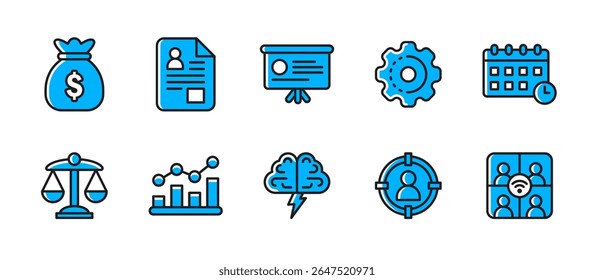 Ícone de negócios definido em estilo de esboço colorido para finanças, trabalho em equipe, produtividade, questões legais, crescimento, desenvolvimento de carreira e estratégia corporativa.