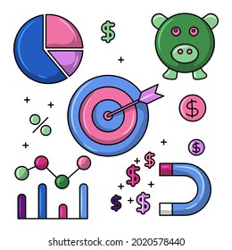 Business icon set Colored vector illustration with simple hand drawn sketching style