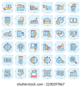 Business icon set in comic style. Make money cartoon vector illustration on white isolated background. Media internet splash effect business concept.