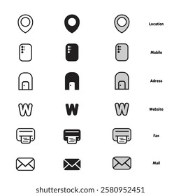 Business icon set for company connection  location,mobile, adress, mail, website and fax sign.