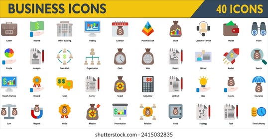 Business icon set. Containing career, analysis, income, reward, team work, office building, trading, mission, organization, relation, strategy, insurance and vision. Color style collection