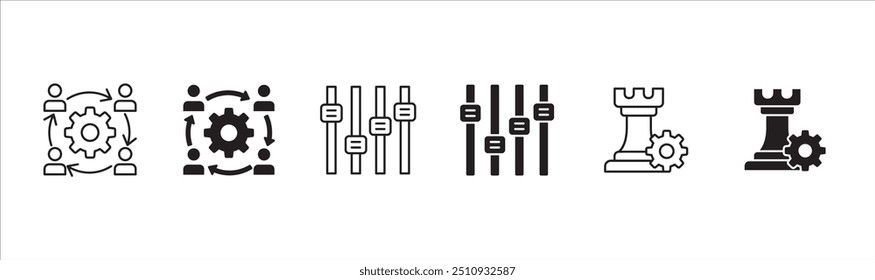 Business icon set. Contains icon or symbol of chart, teamwork, setting bar, option, rook. Vector illustration in thin line and flat solid design.