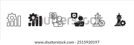 Business icon set. Contains icon or symbol of chart, setting, set up, analysis, bishop, observation, laptop. Vector illustration in thin line and flat solid design.
