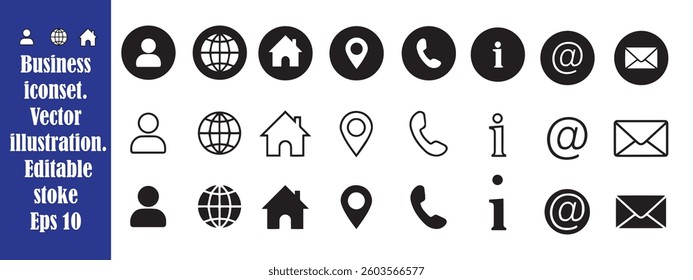 Business icon set in different style. Name, phone, mobile, place, location, mail, website and message card sign. Vector illustration10 eps.