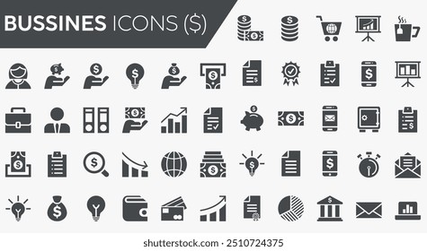 Icono del negocio fijado con el símbolo del dólar, color sólido, Vector plano, hucha, divisa, gráficos, símbolos, dólares