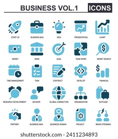 business icon set. duo tone style. contains target,make money,time management,task,contract,develop,finance,development search,advisor,global connection.good for application icons.