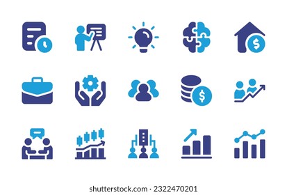 Business icon set. Duotone color. Vector illustration. Containing project plan, presentation, lamp, puzzle, home value, briefcase, corporate, group, money, increase, interview, stock market, csr.