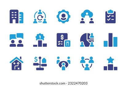 Business icon set. Duotone color. Vector illustration. Containing building, agile team, settings, business and finance, shopping list, online business, winner, accounting, pie chart, graph, business.