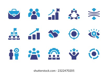 Business icon set. Duotone color. Vector illustration. Containing briefcase, group, goal, meeting, resilience, growth graph, handshake, target, vision, business, business meeting, gear, success.