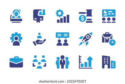 Business icon set. Duotone color. Vector illustration. Containing principal, business, business chart, business presentation, admin, value, consultant, rocket, suitcase, team leader, bar chart.