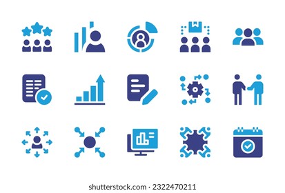 Conjunto de iconos de negocio. Color de duotona. Ilustración vectorial. Conteniendo equipo, analista de negocios, habilidades, consumidor, audiencia, aceptar, beneficios, papel, impacto, relación, oportunidad, centralizado, analítico