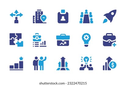 Business icon set. Duotone color. Vector illustration. Containing flexibility, office building, id card, meeting room, rocket, business, business plan, business idea, briefcase, growth, teamwork.